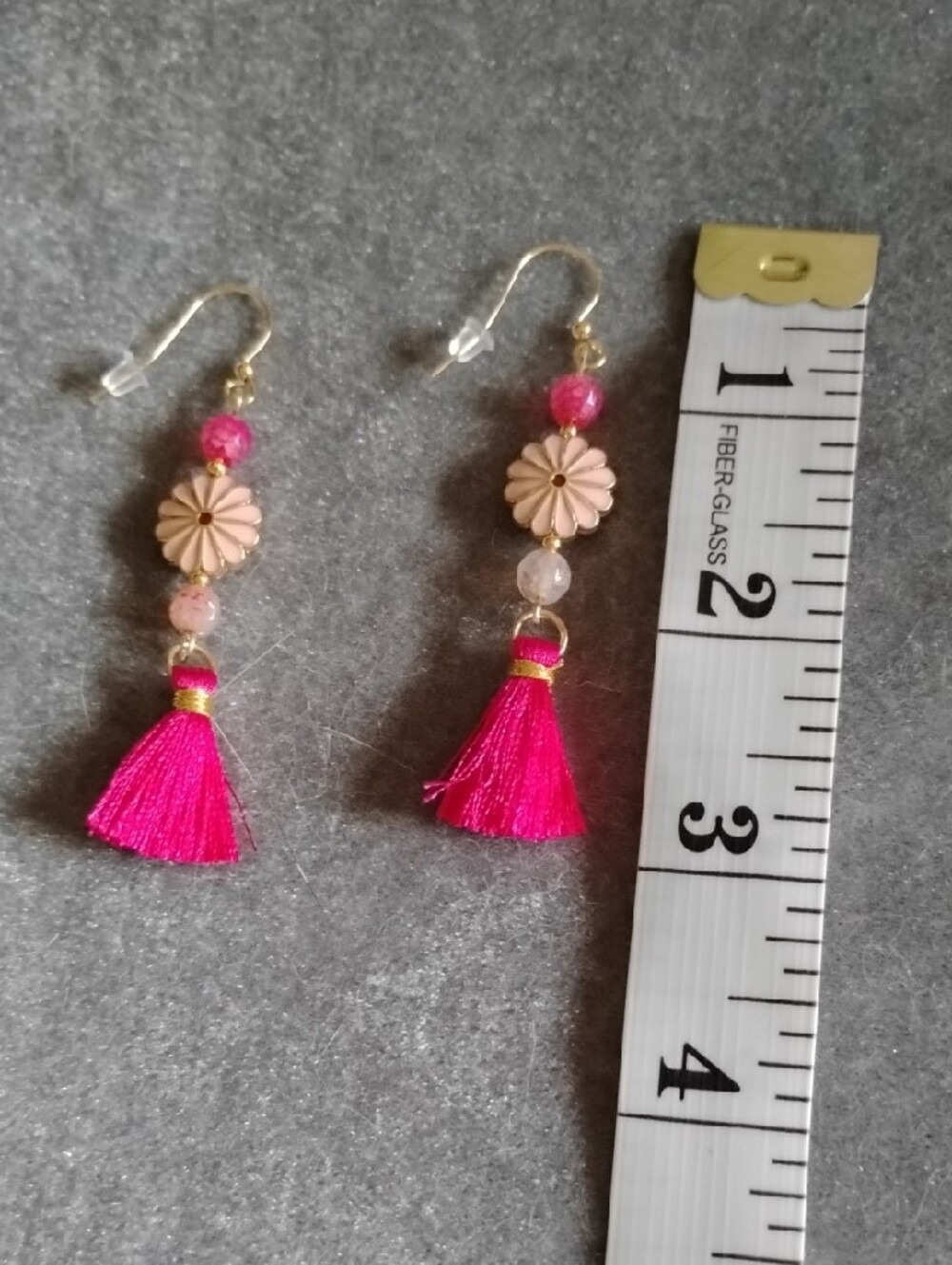 Hand Crafted Pink Tassel Floral Drop Earrings With Gold Accents - Picture 4 of 6